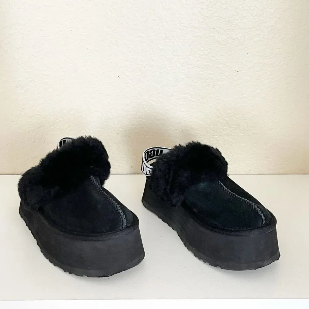 UGG Women's Funkette black fluffy slippers with thick platform sole 8